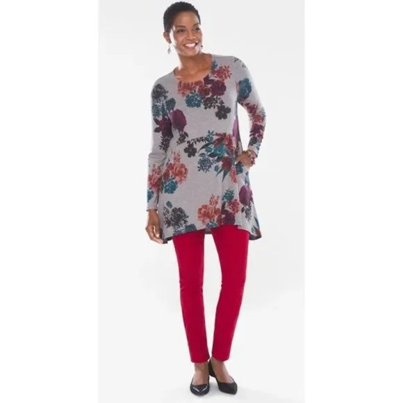 Chicos Petite Rose-Print Button-Sleeve Tunic - Picture 2 of 16